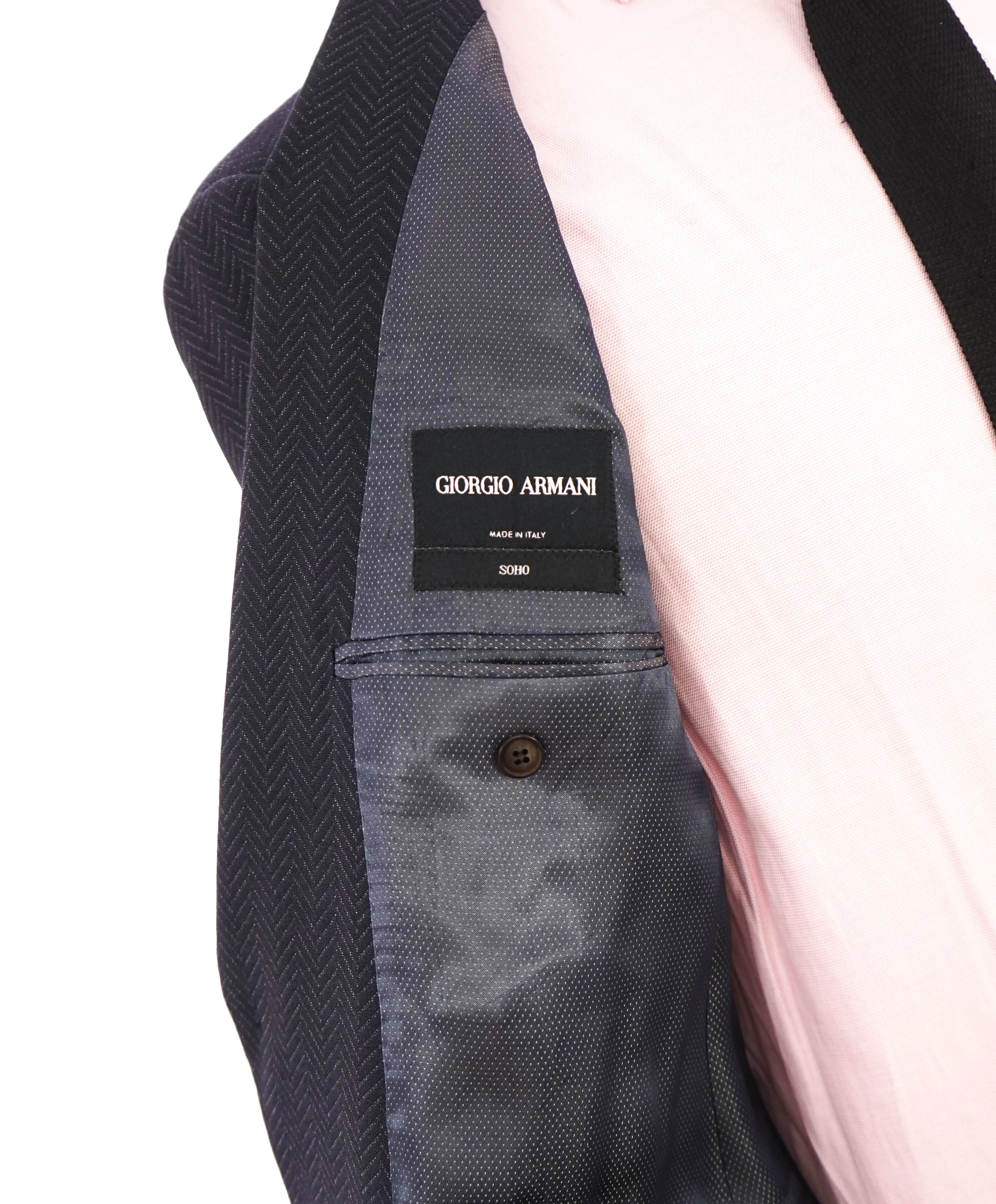 $3,795 GIORGIO ARMANI - "SOHO" Navy Peak Lapel Herringbone Suit - 40R