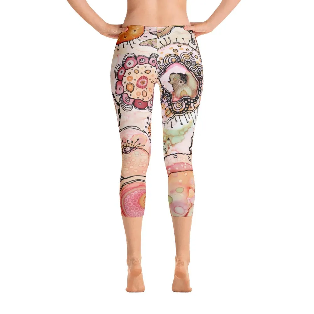 Abstract Capri leggings, Workout Pants 'Flower Doodle'