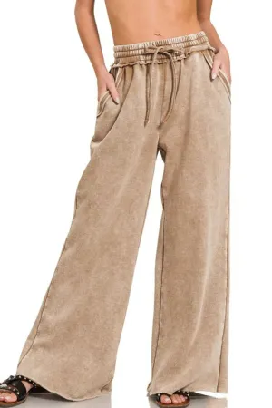 Acid Wash Fleece Palazzo Sweatpants For Women – Trendy Wide Leg Cozy Lounge Pants With Drawstring Waist And Functional Pockets