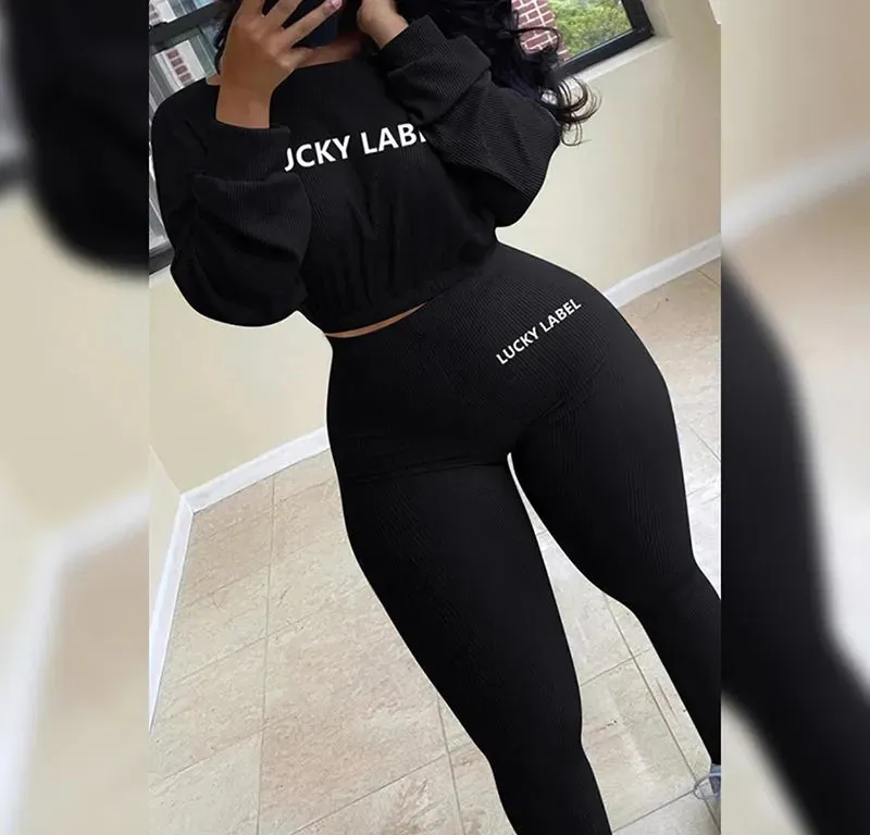 Autumn Solid Letter Embroidery Corduroy Basic Sweatshirt Leggings Set