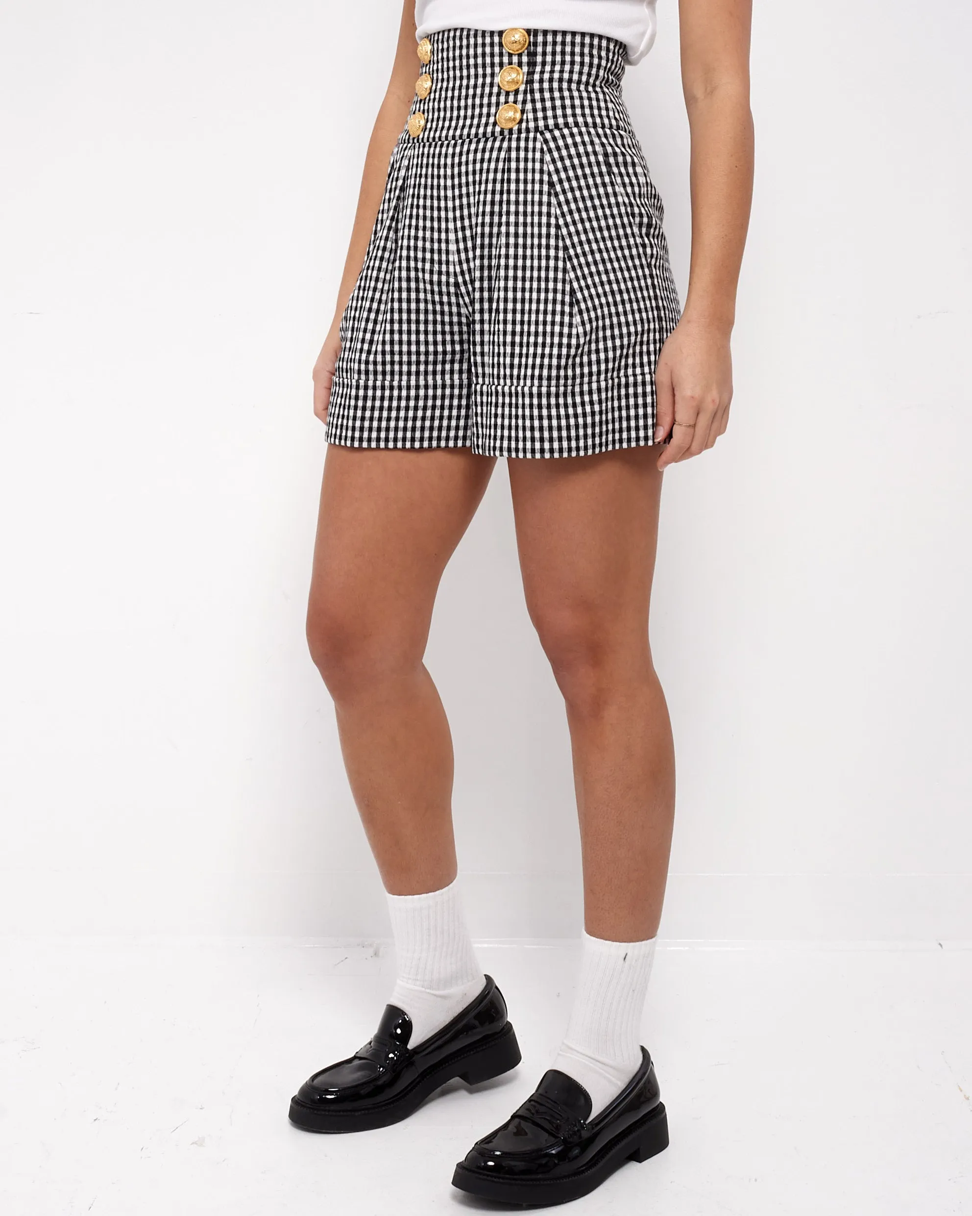 Balmain Black & White Gingham 6 Button Shorts - 34