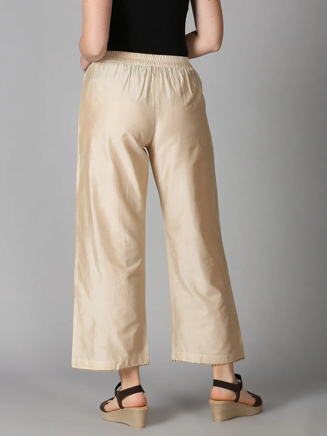 Beige Art Silk Palazzo with Lace on Hem