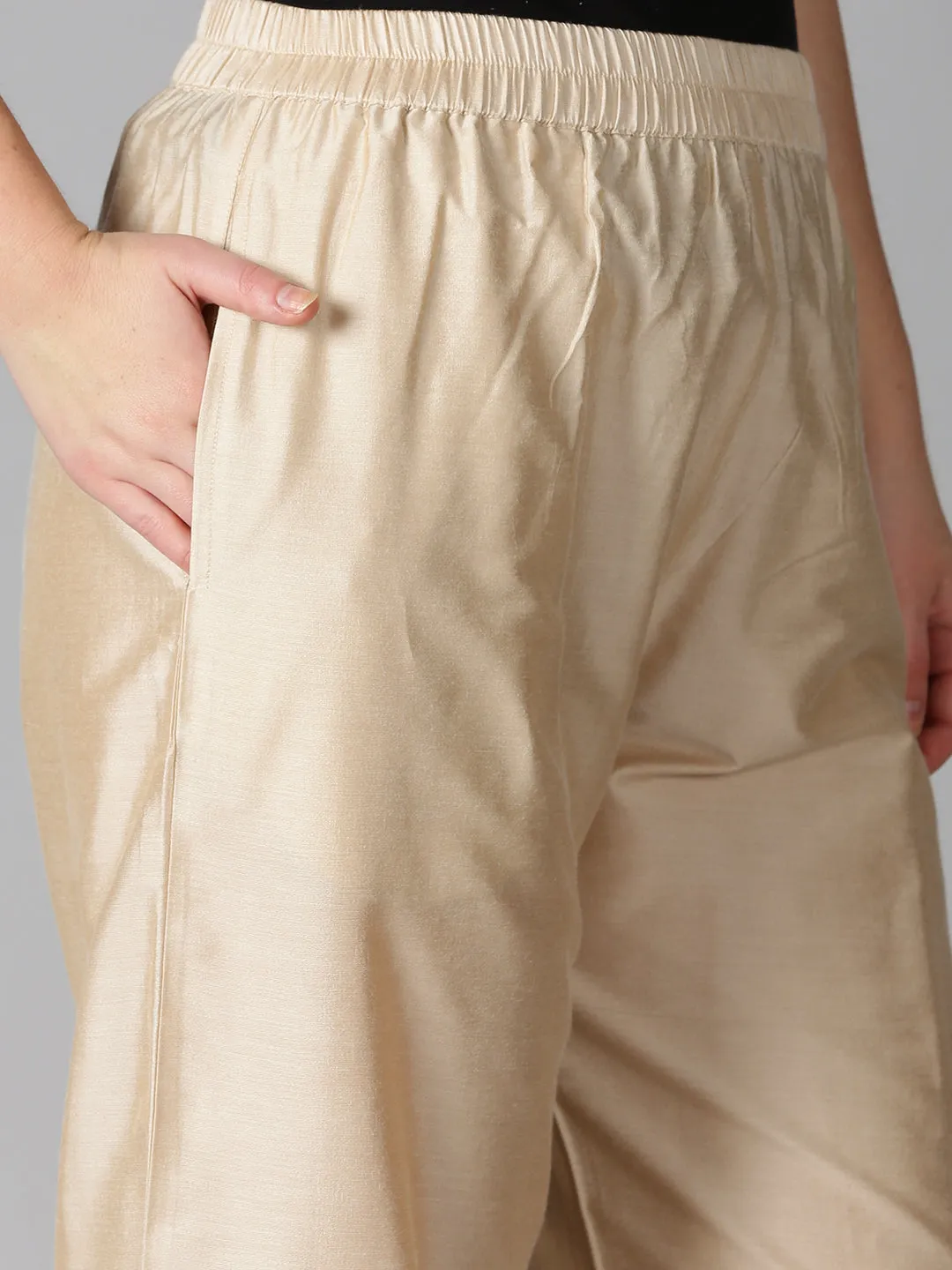 Beige Art Silk Palazzo with Lace on Hem