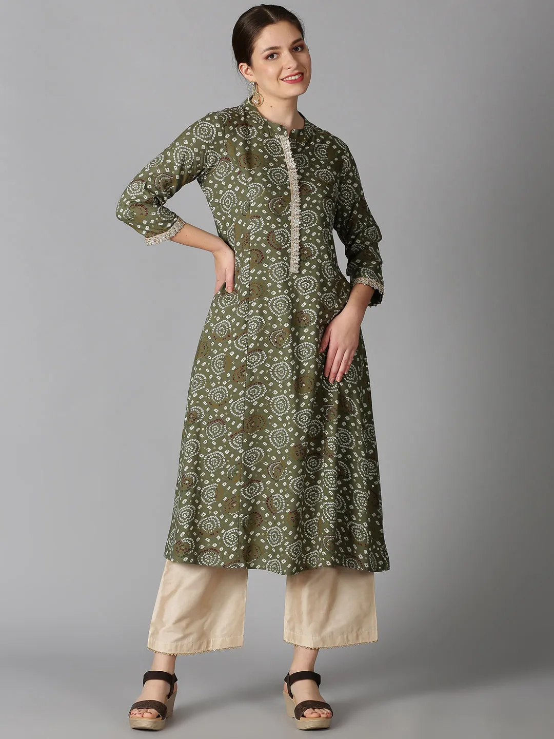 Beige Art Silk Palazzo with Lace on Hem