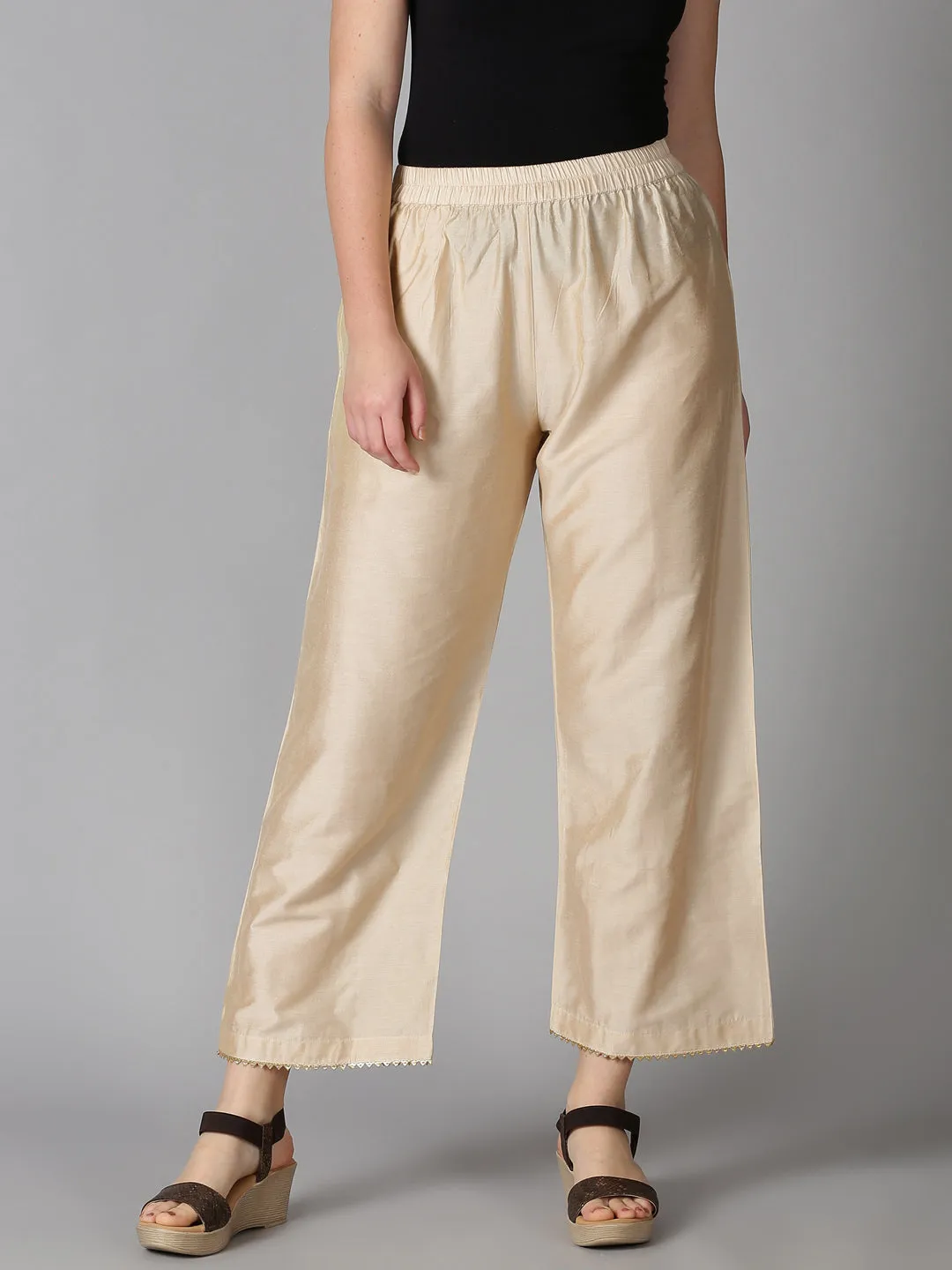 Beige Art Silk Palazzo with Lace on Hem