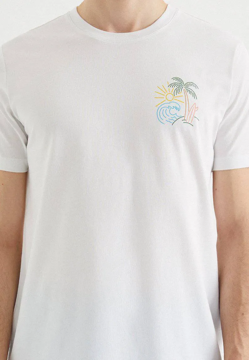 Beyaz Baskılı Bisiklet Yaka Pamuklu Regular Fit Erkek T-Shirt ISLAND