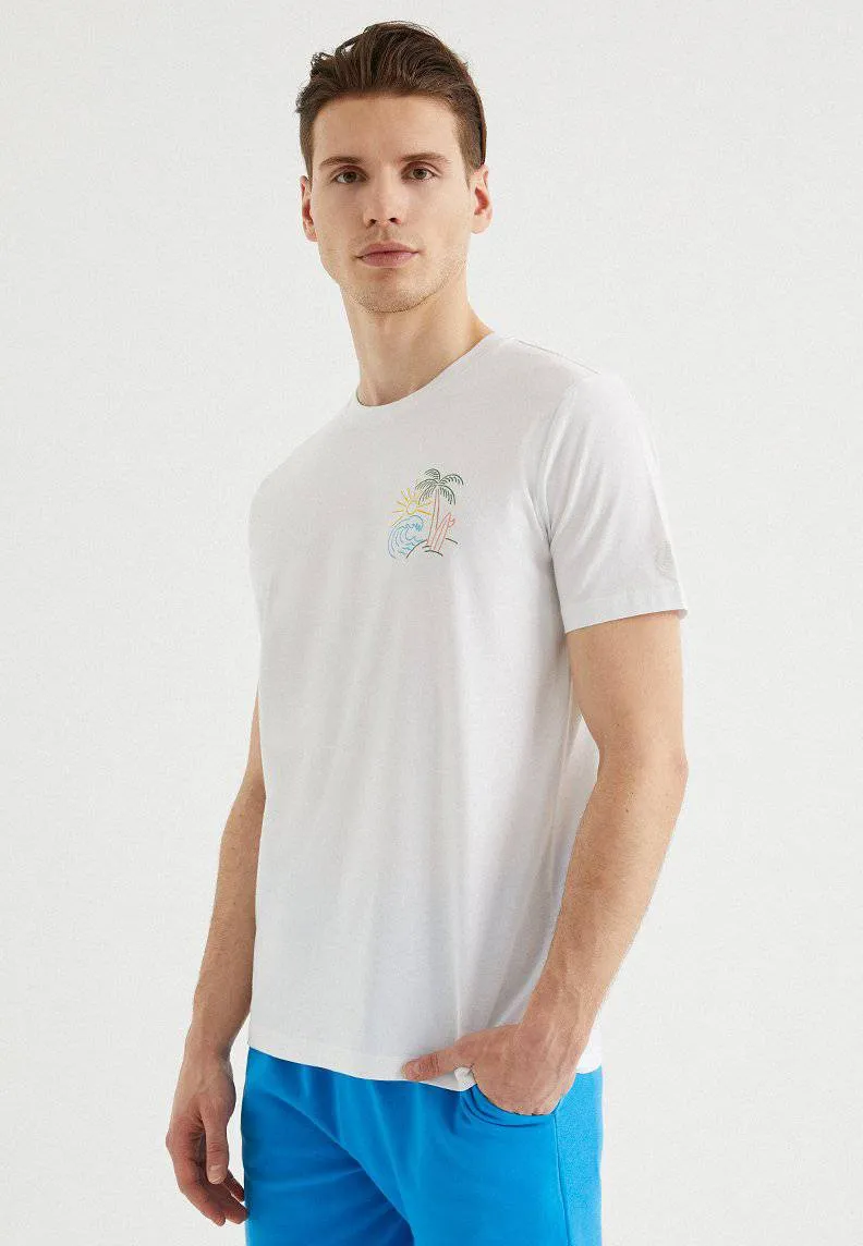 Beyaz Baskılı Bisiklet Yaka Pamuklu Regular Fit Erkek T-Shirt ISLAND