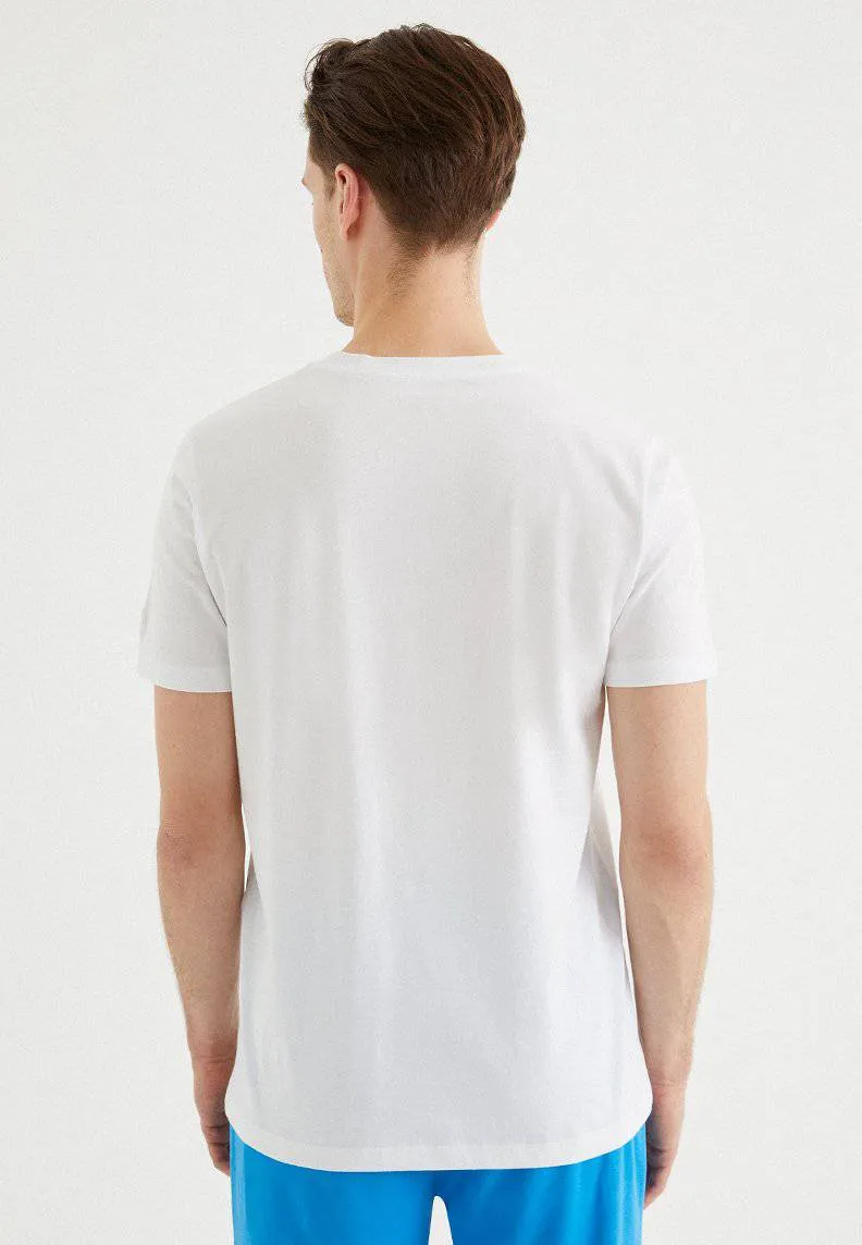 Beyaz Baskılı Bisiklet Yaka Pamuklu Regular Fit Erkek T-Shirt ISLAND
