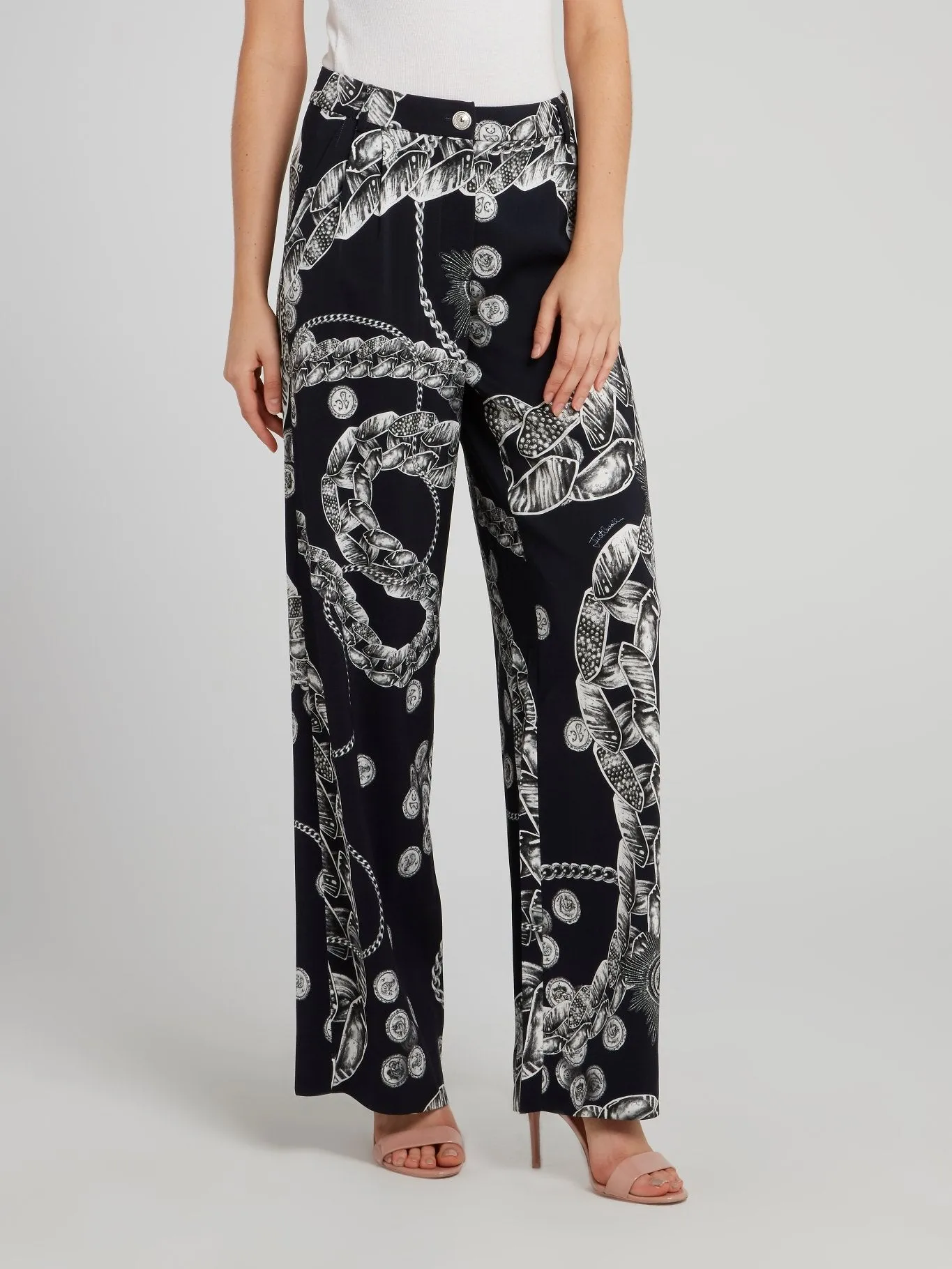 Black Chain Print Wide Leg Pants