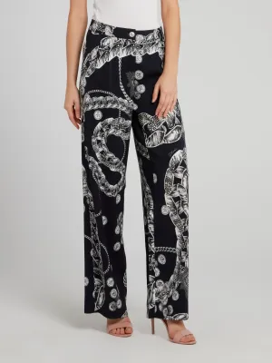 Black Chain Print Wide Leg Pants