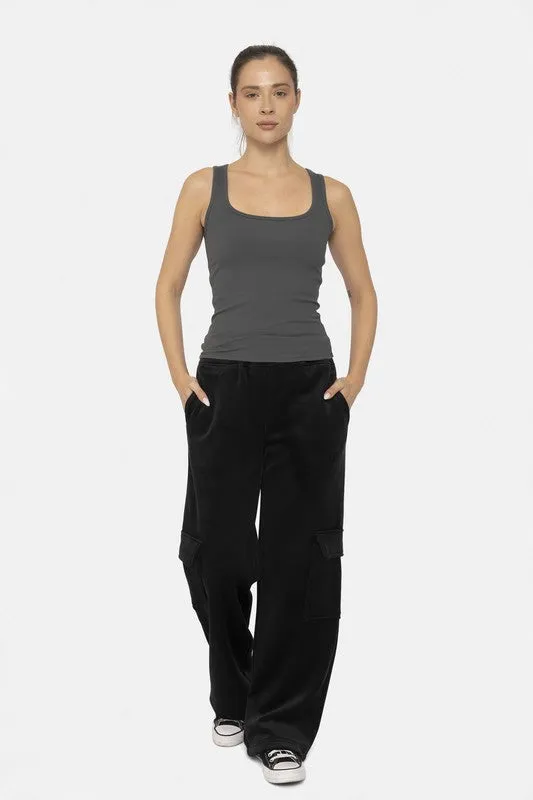 Black Elastic Waist Corduroy Cargo Pants