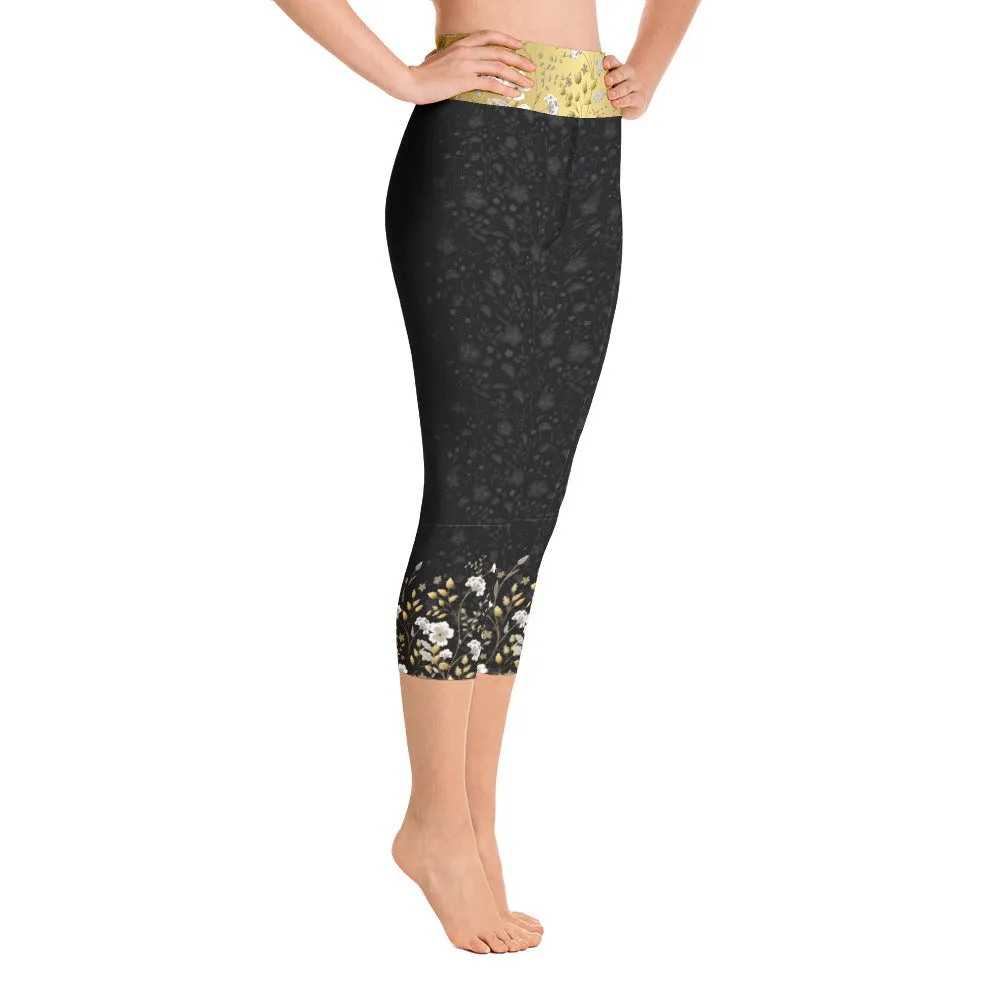 Black Jacquard and Gold Flowers - Yoga Capri Leggings