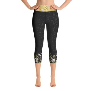 Black Jacquard and Gold Flowers - Yoga Capri Leggings