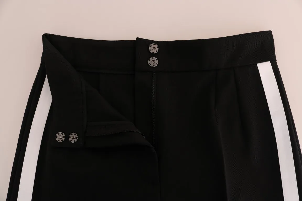 Black Wool White Stripes Capri Pants