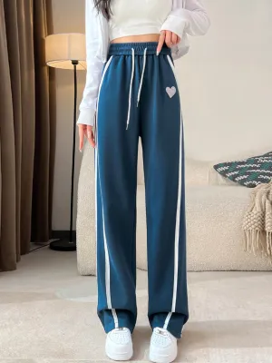 Blue Contrast Striped Wide Leg Sweatpants