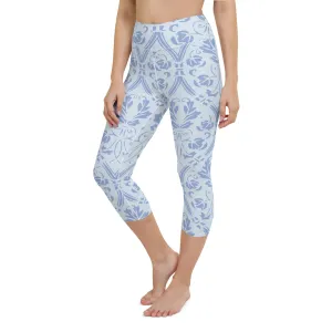 Blue damask yoga capri leggings