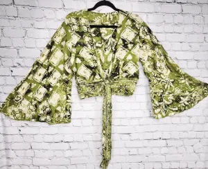 Boho Silk Wrap Crop Top/Bell Sleeve Crop Top/Tie front bell sleeve top/festival crop top/front tie front or back crop/Beach top/ Party Top