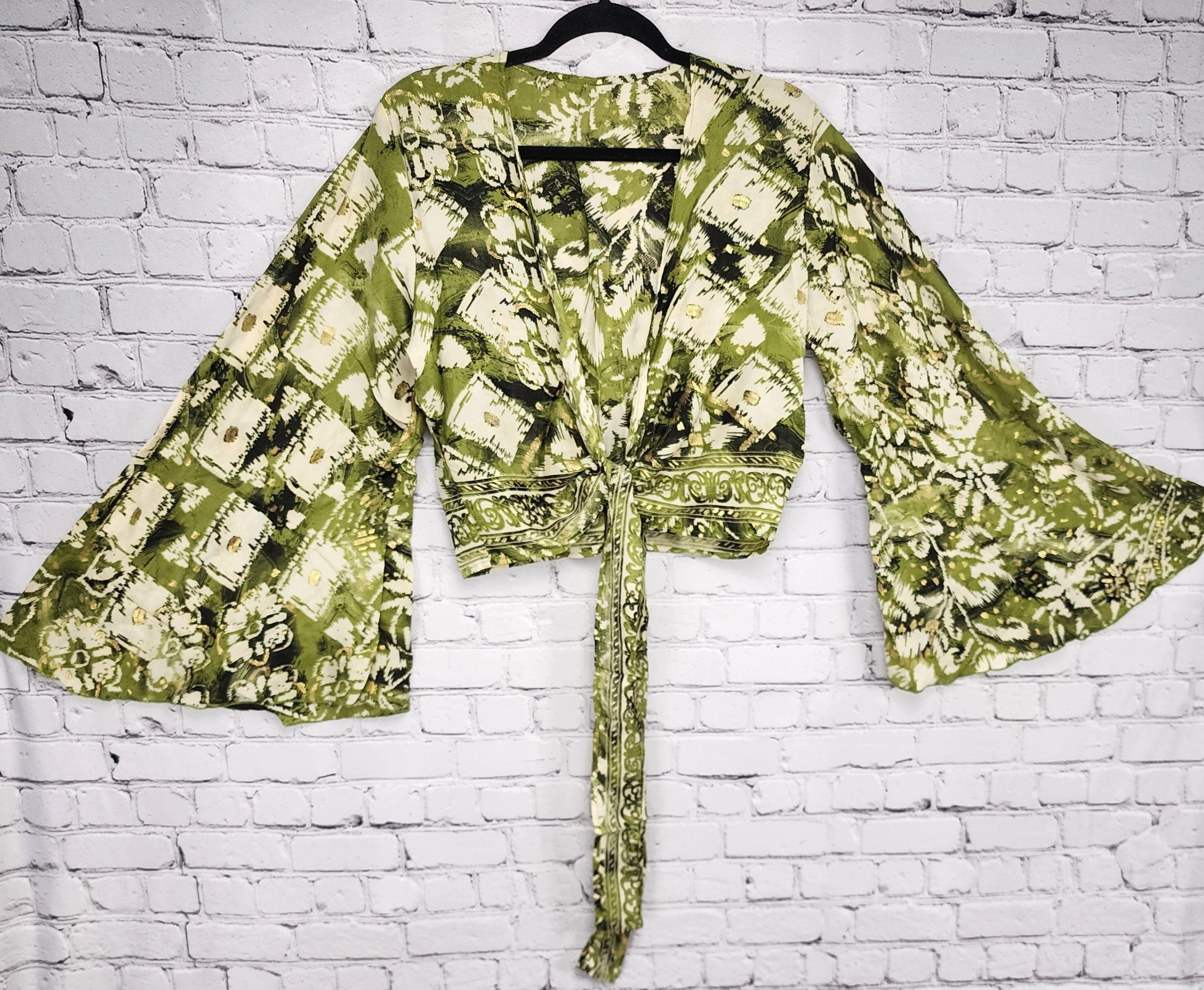 Boho Silk Wrap Crop Top/Bell Sleeve Crop Top/Tie front bell sleeve top/festival crop top/front tie front or back crop/Beach top/ Party Top