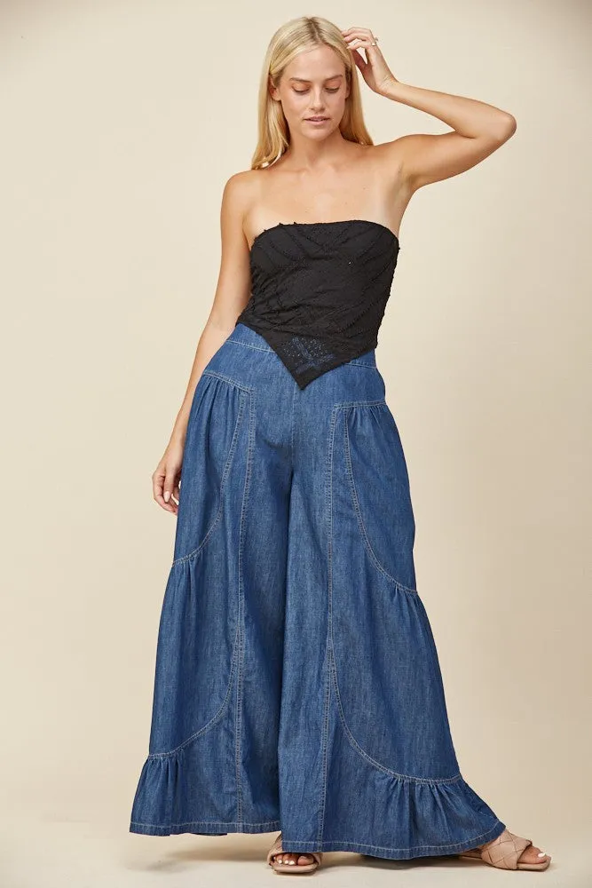 BOHO WIDE LEG DENIM TIERED PALAZZO PANTS W2433PIA