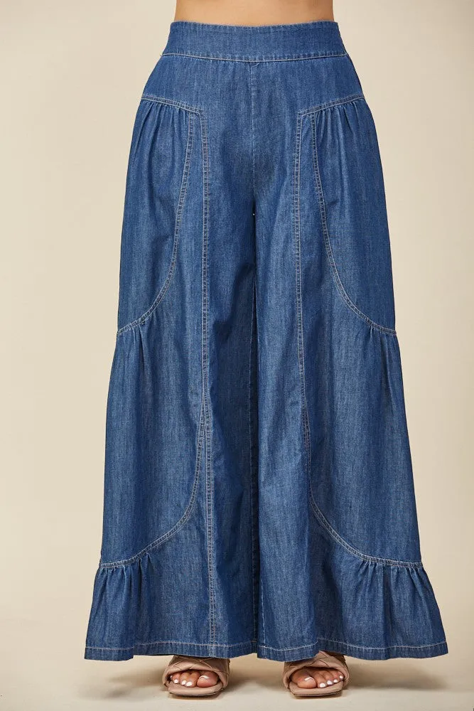 BOHO WIDE LEG DENIM TIERED PALAZZO PANTS W2433PIA