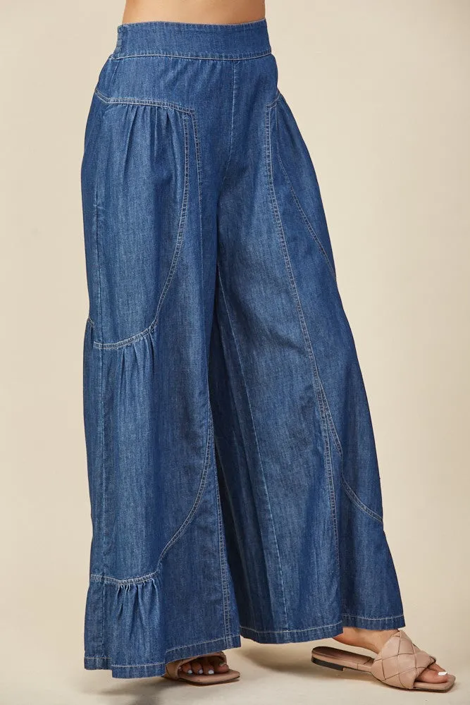 BOHO WIDE LEG DENIM TIERED PALAZZO PANTS W2433PIA
