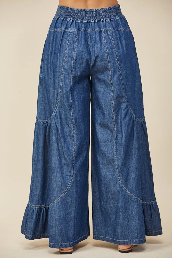 BOHO WIDE LEG DENIM TIERED PALAZZO PANTS W2433PIA