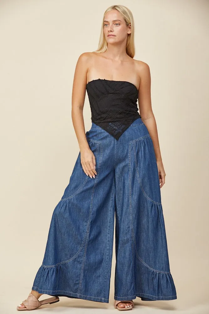 BOHO WIDE LEG DENIM TIERED PALAZZO PANTS W2433PIA