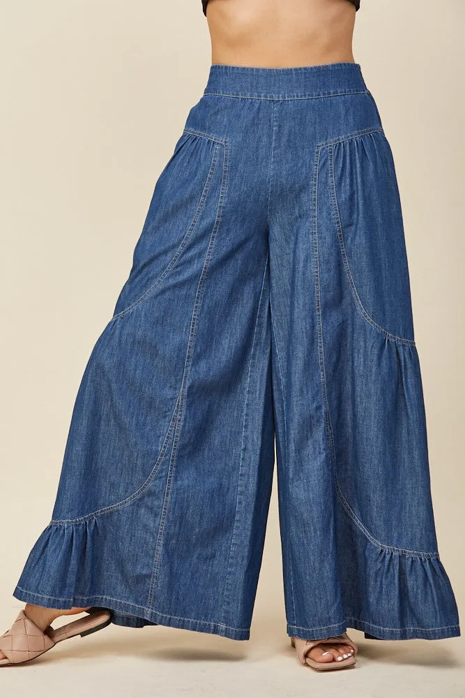 BOHO WIDE LEG DENIM TIERED PALAZZO PANTS W2433PIA