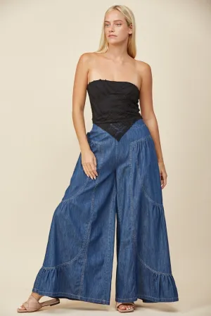 BOHO WIDE LEG DENIM TIERED PALAZZO PANTS W2433PIA