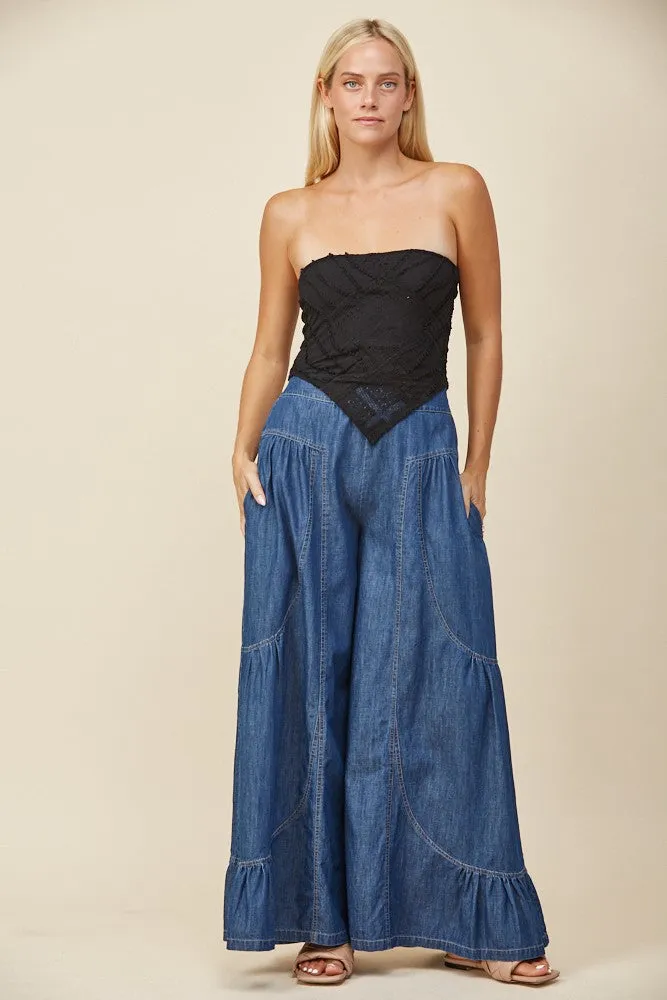 BOHO WIDE LEG DENIM TIERED PALAZZO PANTS W2433PIA