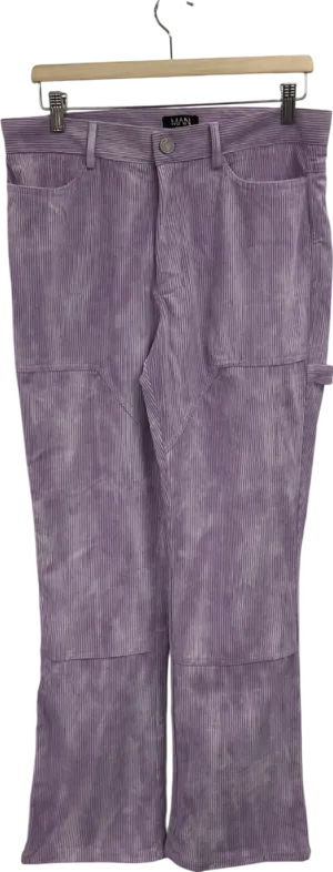 boohooMan Purple Fixed Waist Slim Flare Tie Dye Corduroy Trouser W34