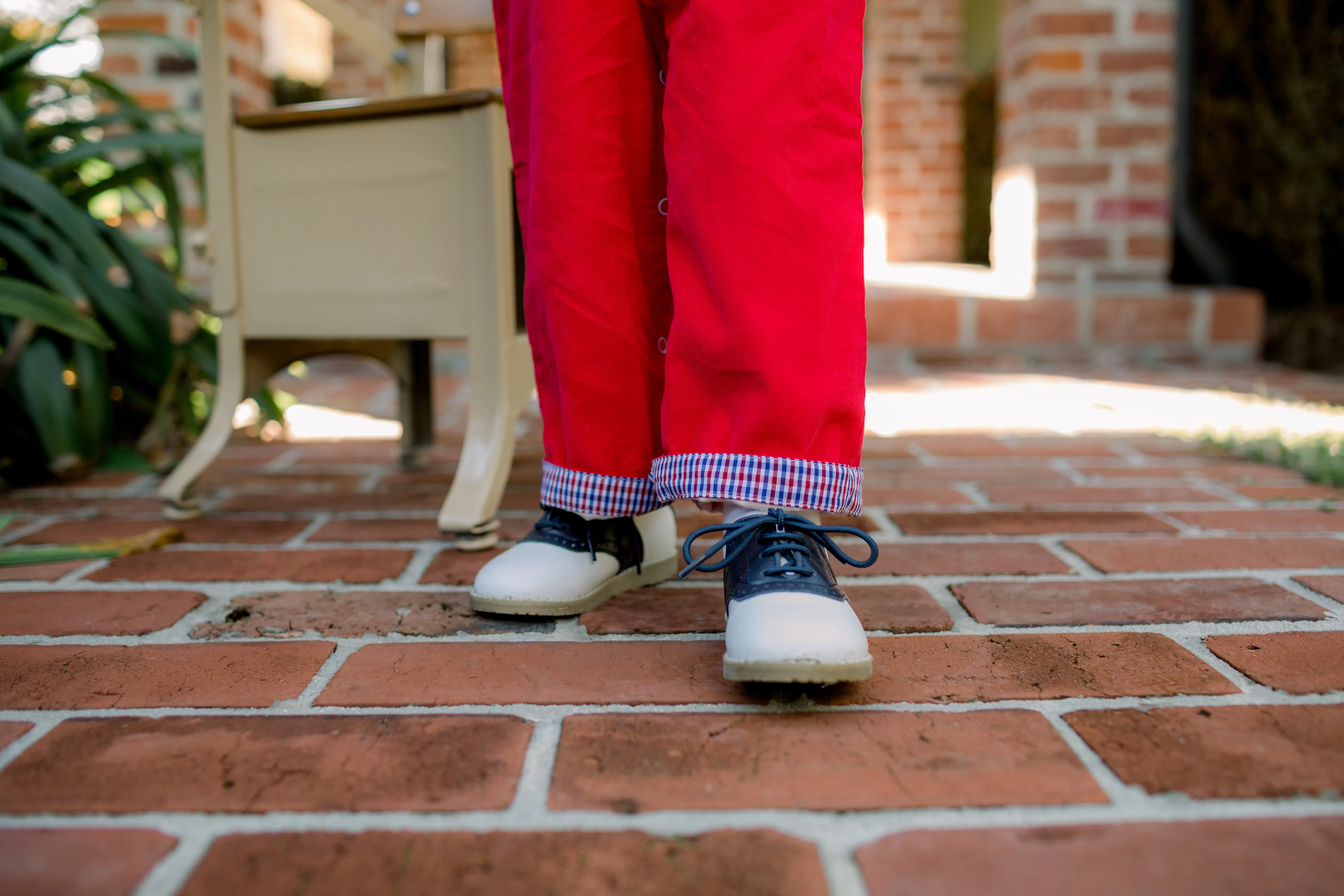 Boys Corduroy Longall | Red with Plaid Cuff