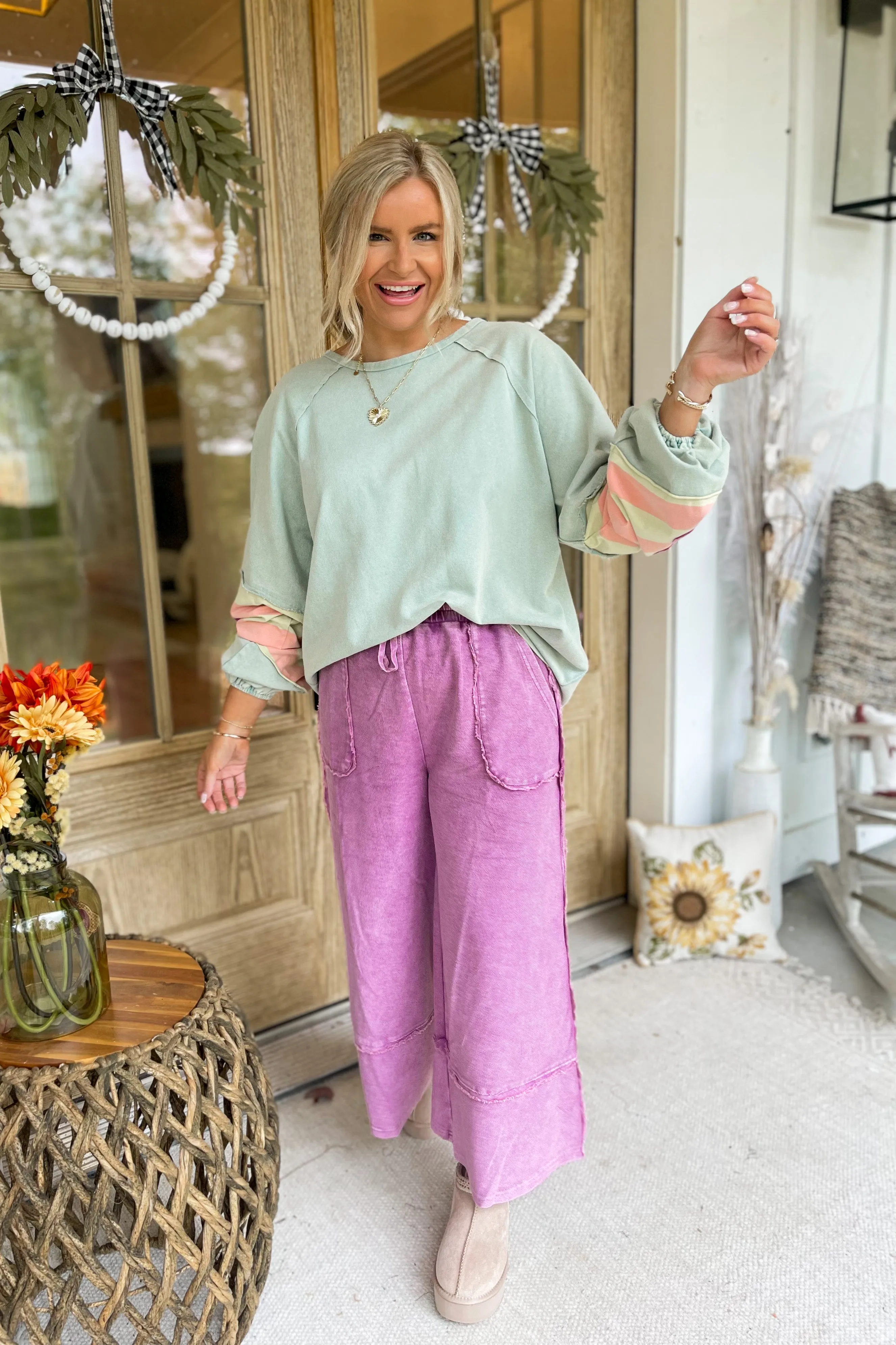 Caris Mineral Washed Upside Down Terry Knit Wide Leg Palazzo Pants [S~3X]