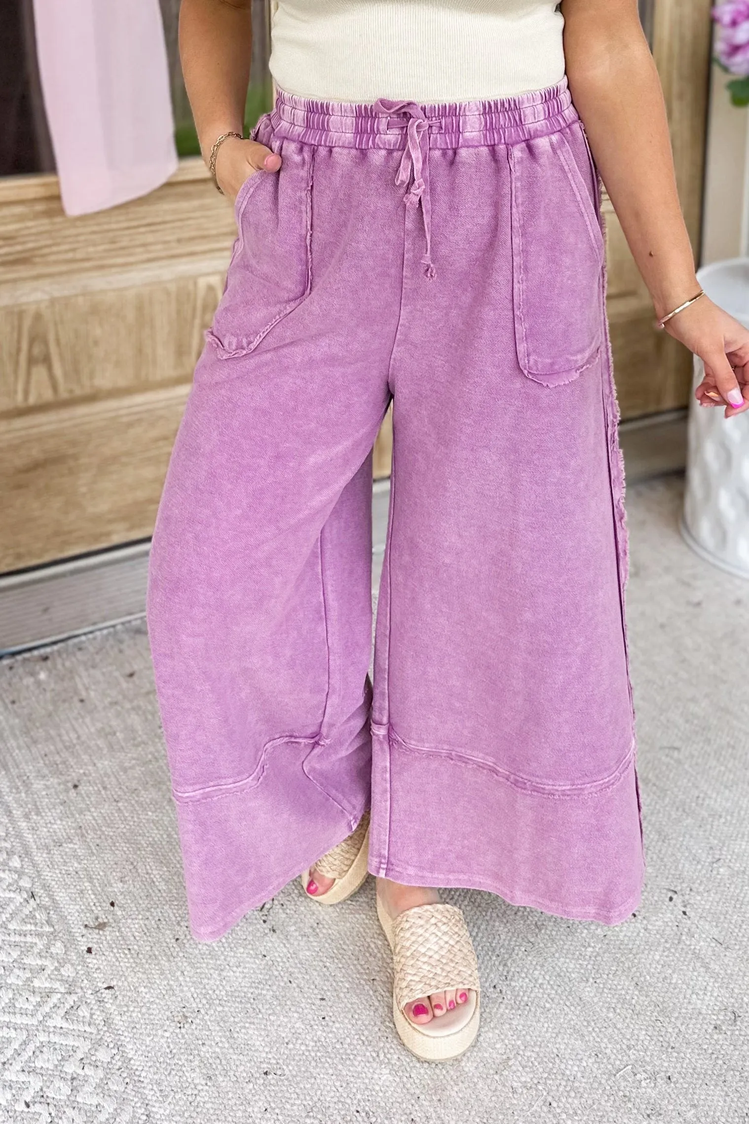 Caris Mineral Washed Upside Down Terry Knit Wide Leg Palazzo Pants [S~3X]
