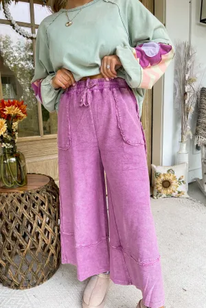 Caris Mineral Washed Upside Down Terry Knit Wide Leg Palazzo Pants [S~3X]