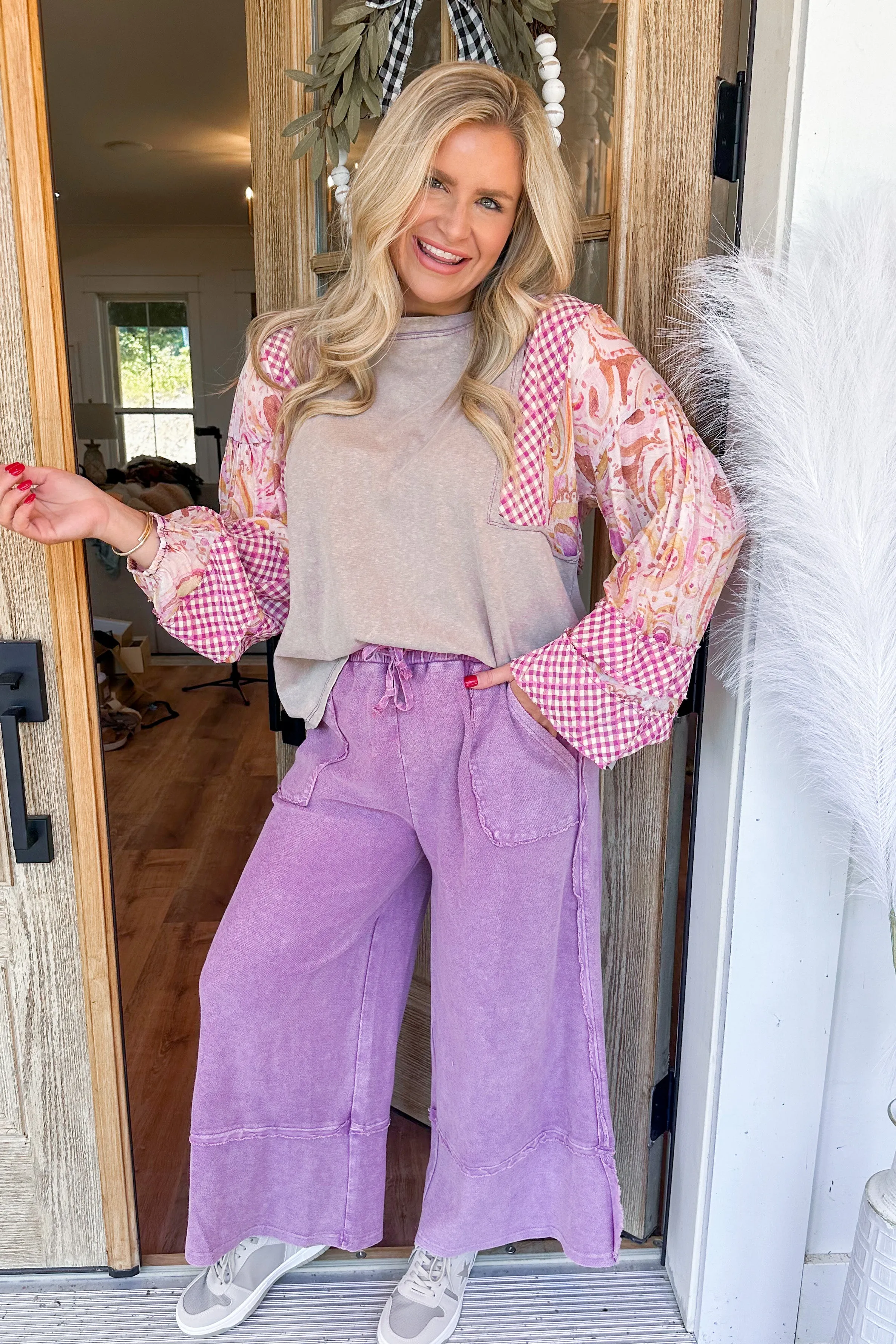 Caris Mineral Washed Upside Down Terry Knit Wide Leg Palazzo Pants [S~3X]