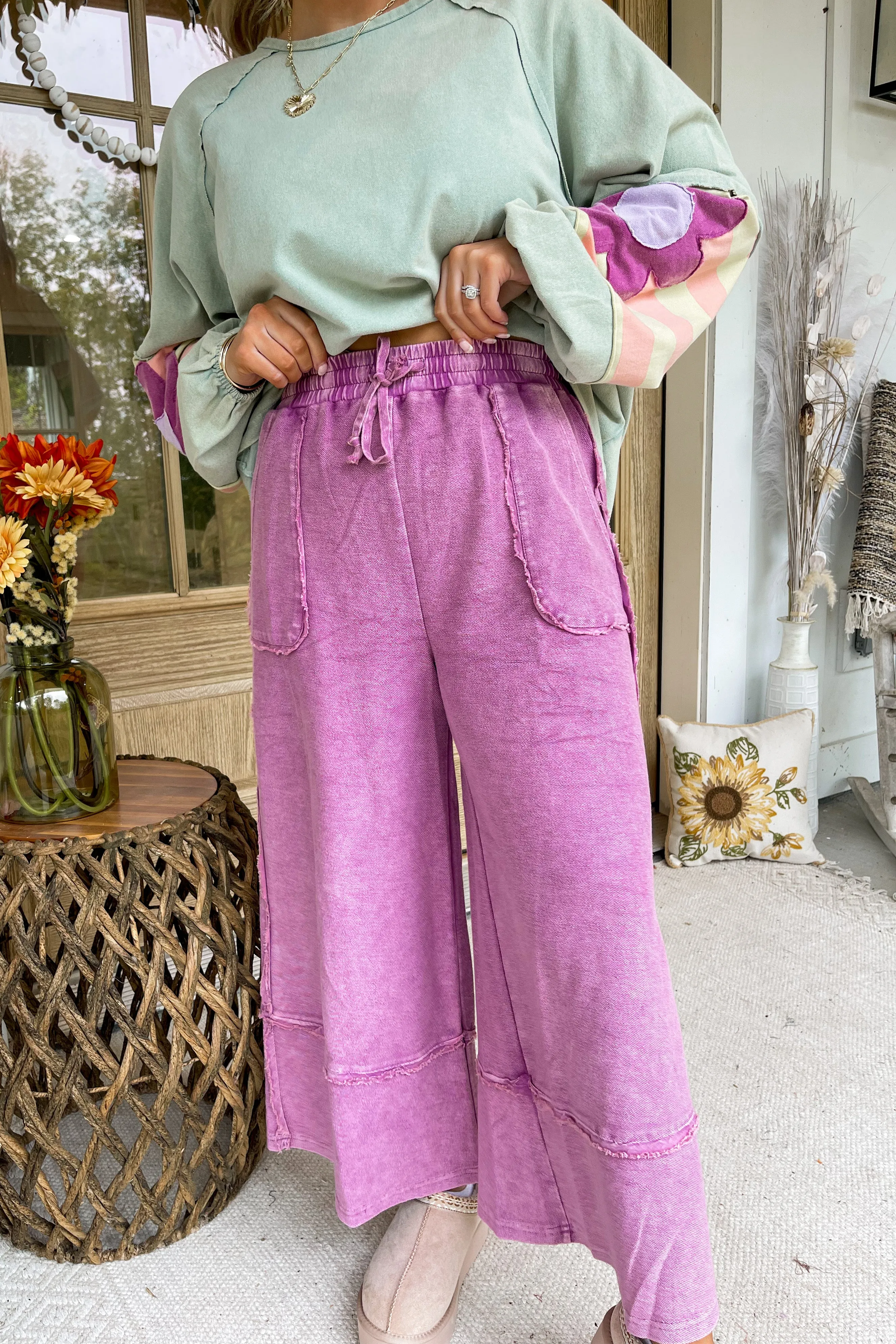Caris Mineral Washed Upside Down Terry Knit Wide Leg Palazzo Pants [S~3X]