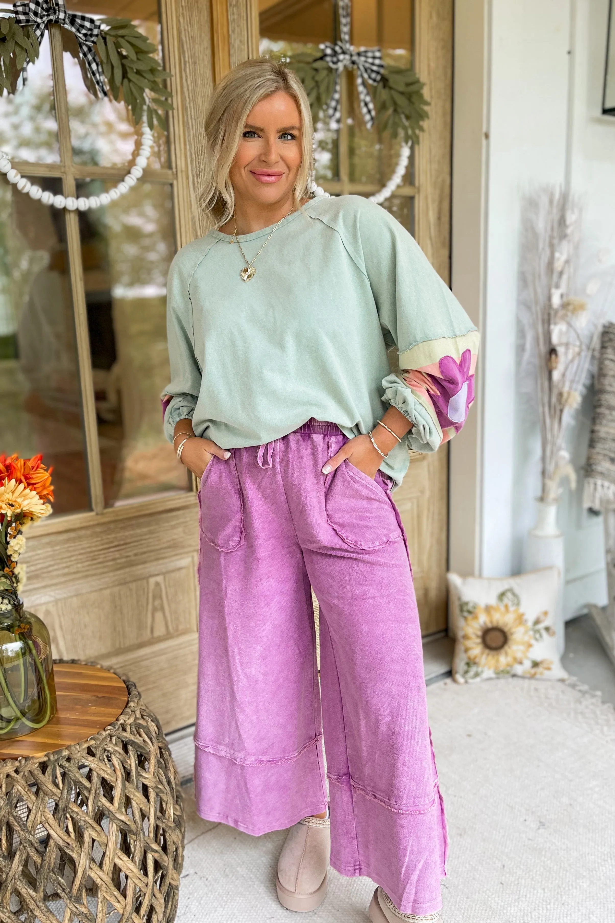 Caris Mineral Washed Upside Down Terry Knit Wide Leg Palazzo Pants [S~3X]