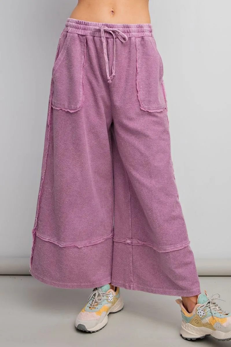 Caris Mineral Washed Upside Down Terry Knit Wide Leg Palazzo Pants [S~3X]