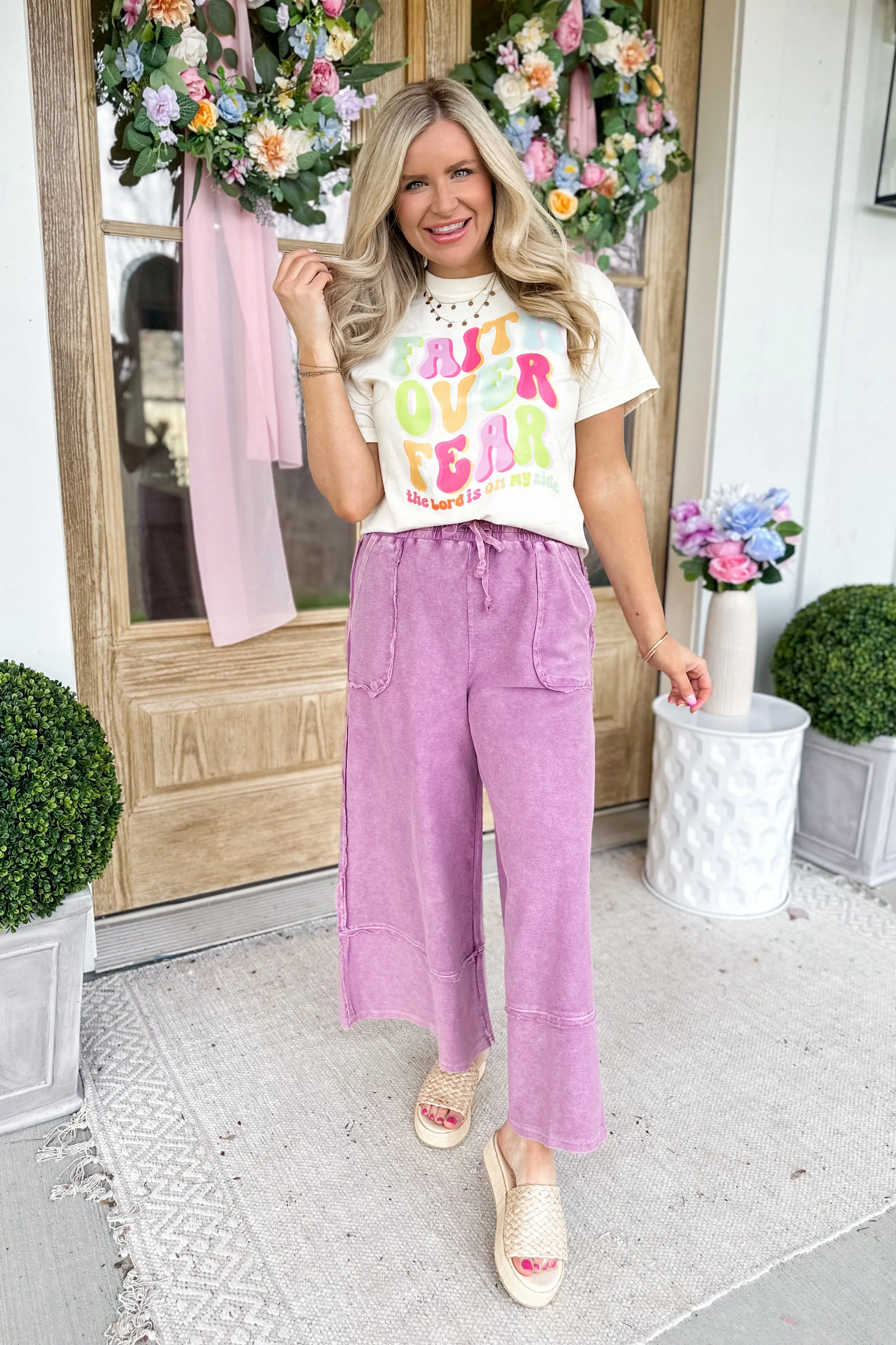 Caris Mineral Washed Upside Down Terry Knit Wide Leg Palazzo Pants [S~3X]