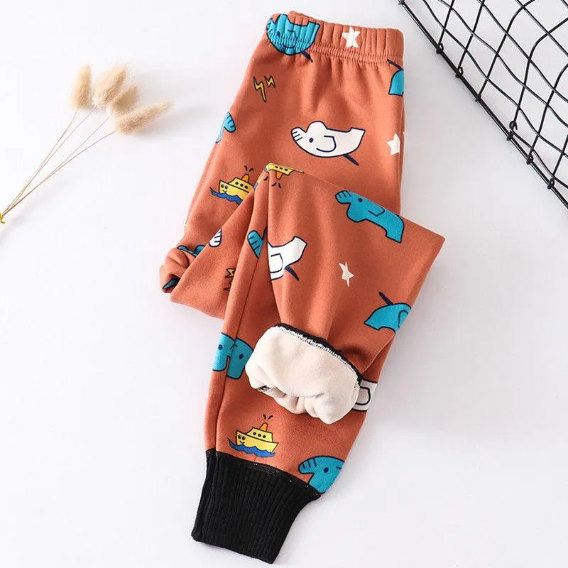 Children's Warm Long Trousers Plus Velvet Thickening for Boys and Girls In Autumn and Winter Milk Silk Warm Pants Baby Pajamas Home