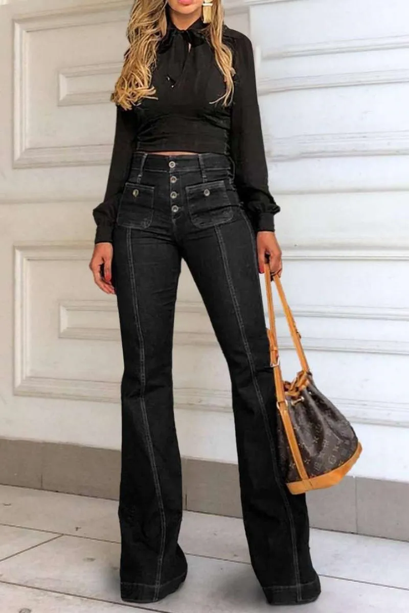 Chouyatou Women's Flare Bell Bottom High Waist Jeans Vintage Stretch Bootcut Denim Trouser with Pocket