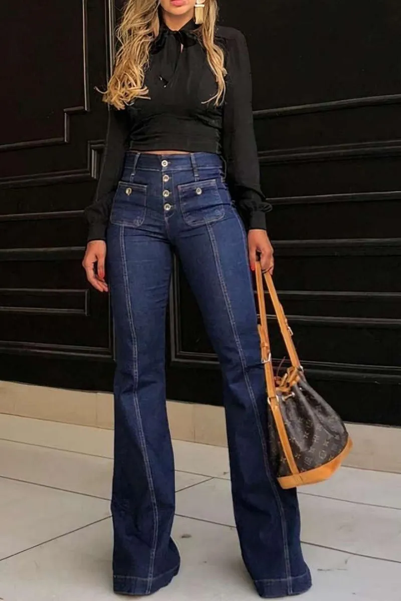 Chouyatou Women's Flare Bell Bottom High Waist Jeans Vintage Stretch Bootcut Denim Trouser with Pocket