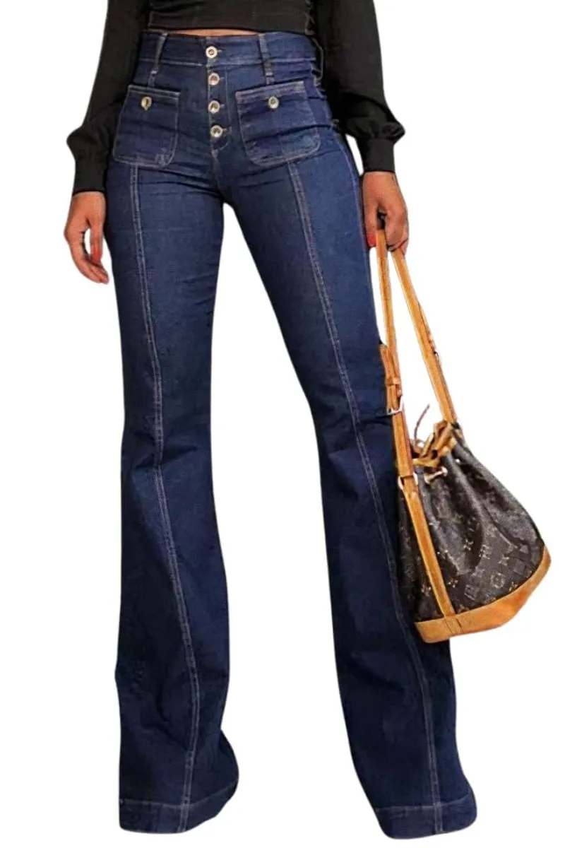 Chouyatou Women's Flare Bell Bottom High Waist Jeans Vintage Stretch Bootcut Denim Trouser with Pocket
