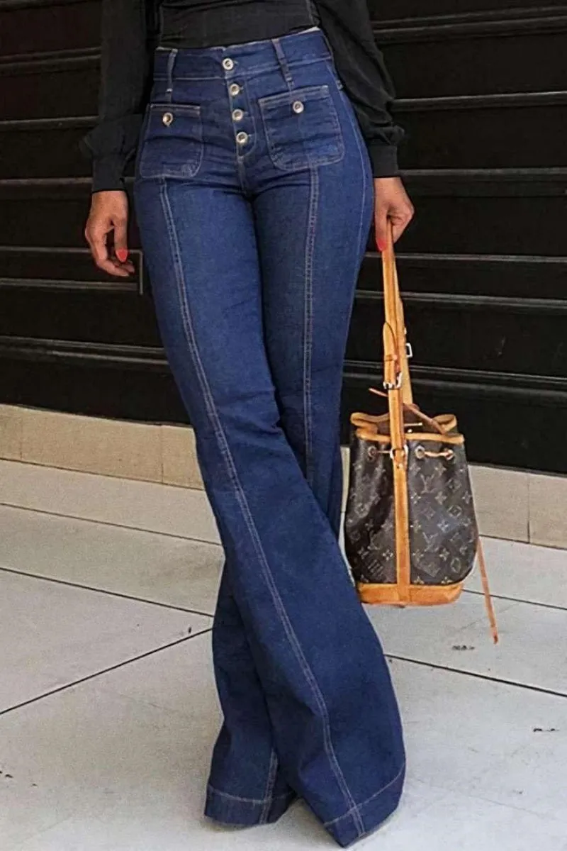 Chouyatou Women's Flare Bell Bottom High Waist Jeans Vintage Stretch Bootcut Denim Trouser with Pocket