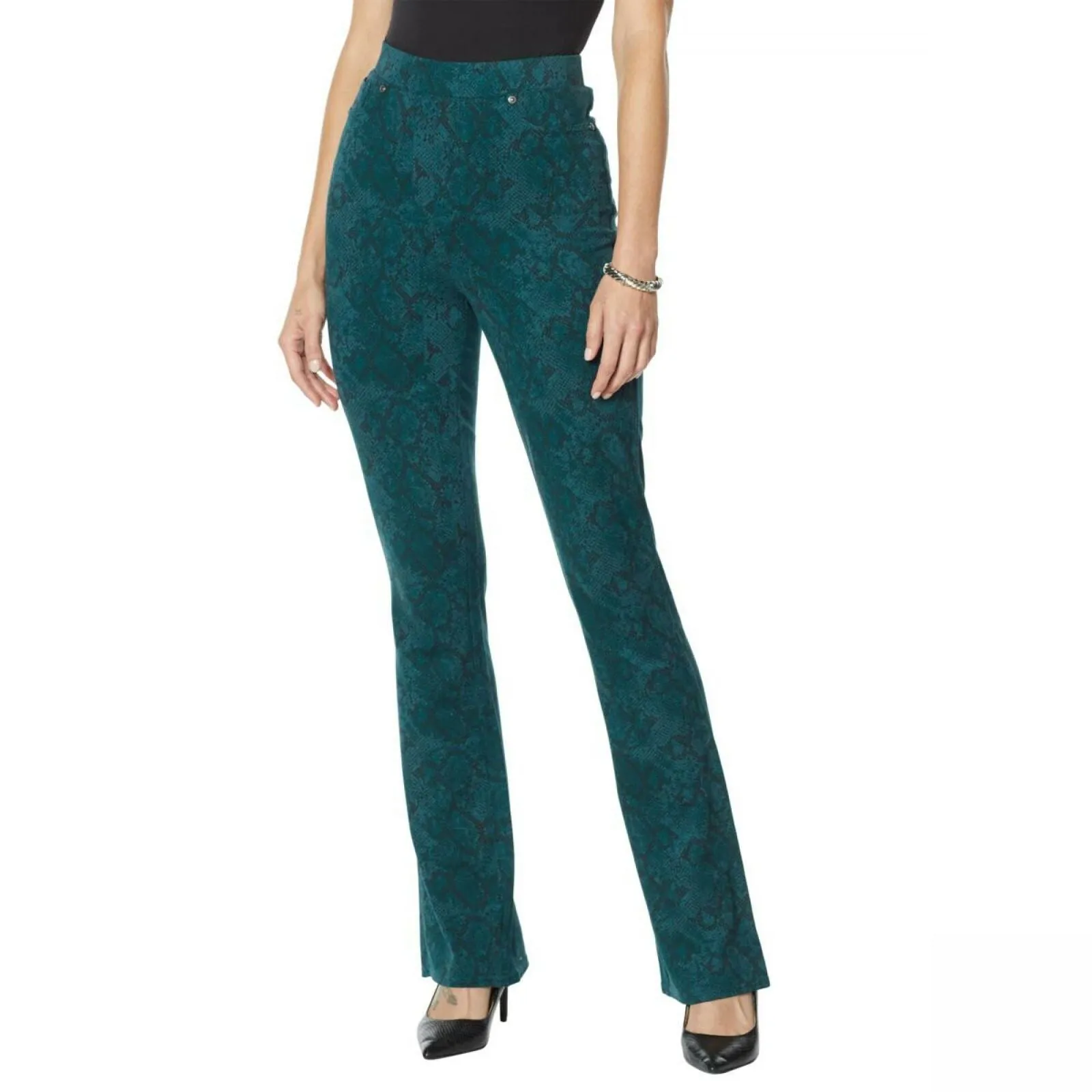 DG2 by Diane Gilman Pull On Ponte Boot Cut Pants Green Snake Petite Large