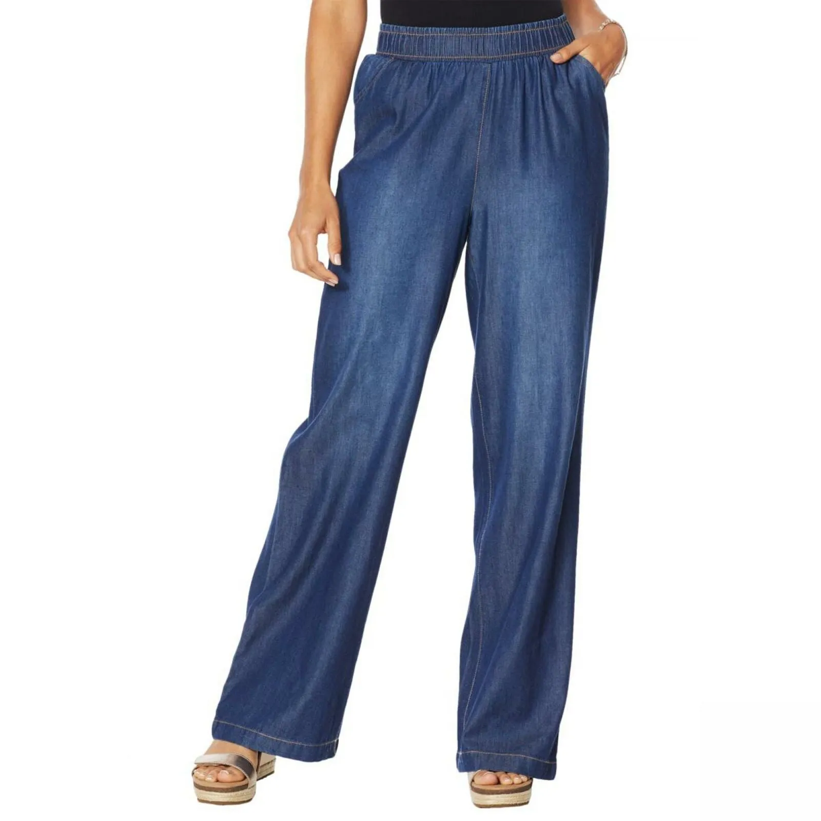 DG2 by Diane Gilman Women's Chambray Woven Wide Leg Pants