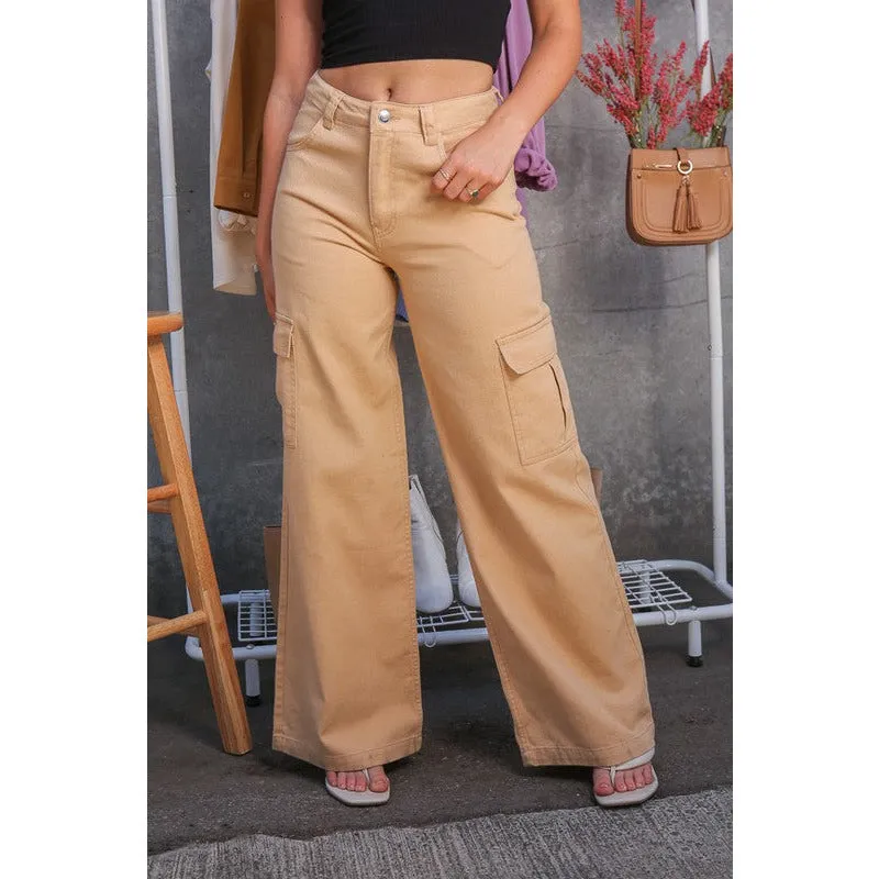 Don't Let Them Go Wide Leg Cargo Pants - Tan