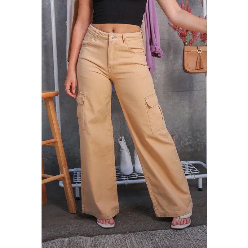 Don't Let Them Go Wide Leg Cargo Pants - Tan