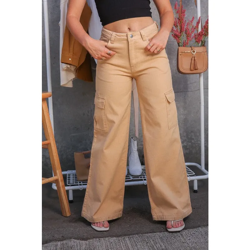 Don't Let Them Go Wide Leg Cargo Pants - Tan